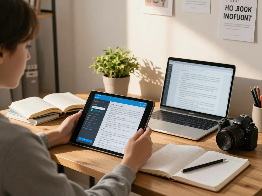 Student, der eine Hausaufgaben-Scanner-App in einer gemütlichen Studiensituation verwendet.