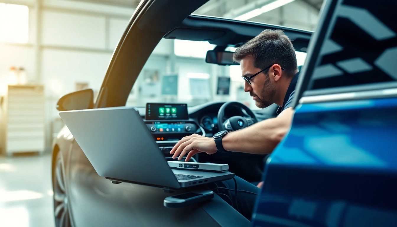 BMW Codierer beim Arbeiten an modernen Fahrzeugcodierungen in einer Werkstatt
