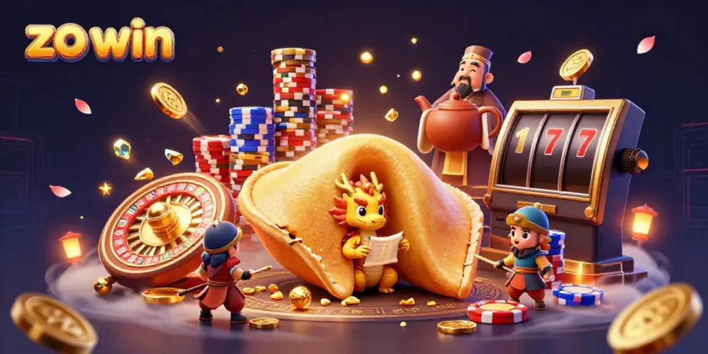 Engage with zo win's dynamic casino scene featuring gold coins, dragons, and vibrant game elements.