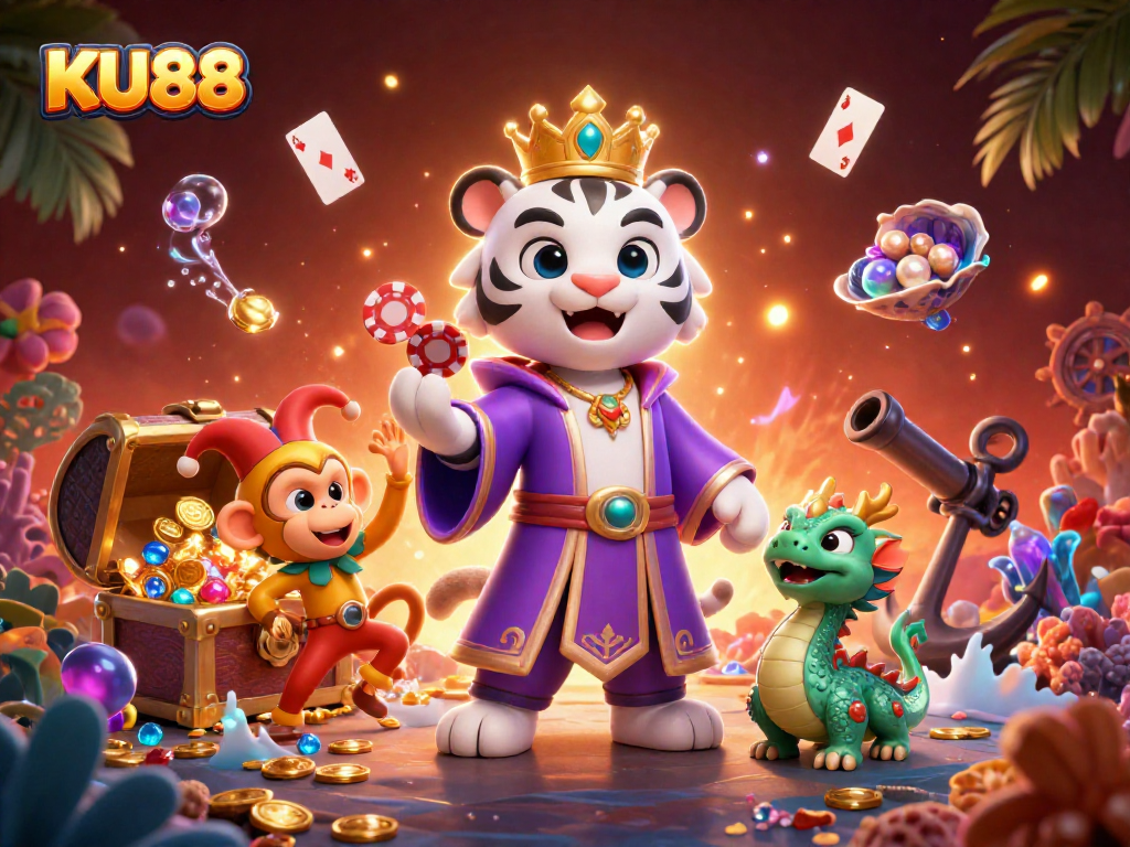 Experience exciting waves of fortune with KU88 as a golden monkey juggles poker chips in a vibrant casino setting.