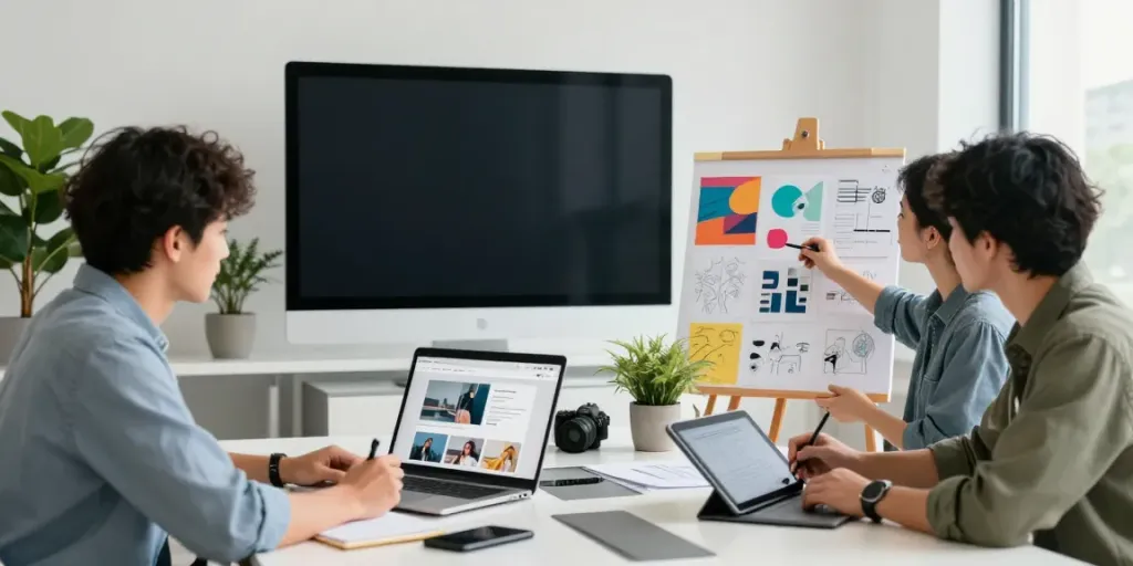 Moderne Webdesign-Teamarbeit im Saarland mit Präsentation von Projektentwürfen.