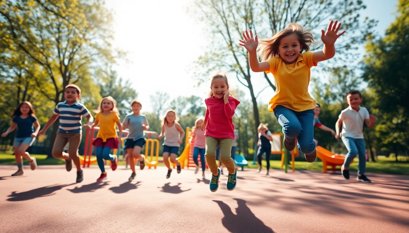 Details jetzt lesen ueber Kinder, die begeistert Bewegungsspiele im Freien spielen.