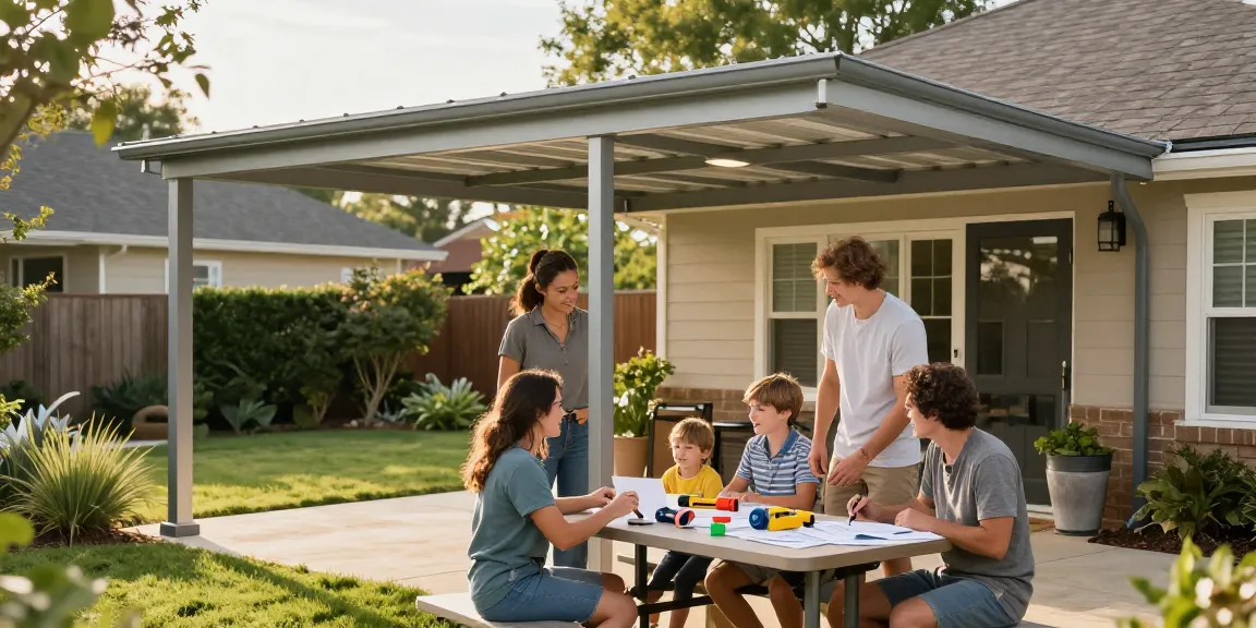 Moderne Carport-Installation im Garten mit Familie, die den neuen Raum bespricht.