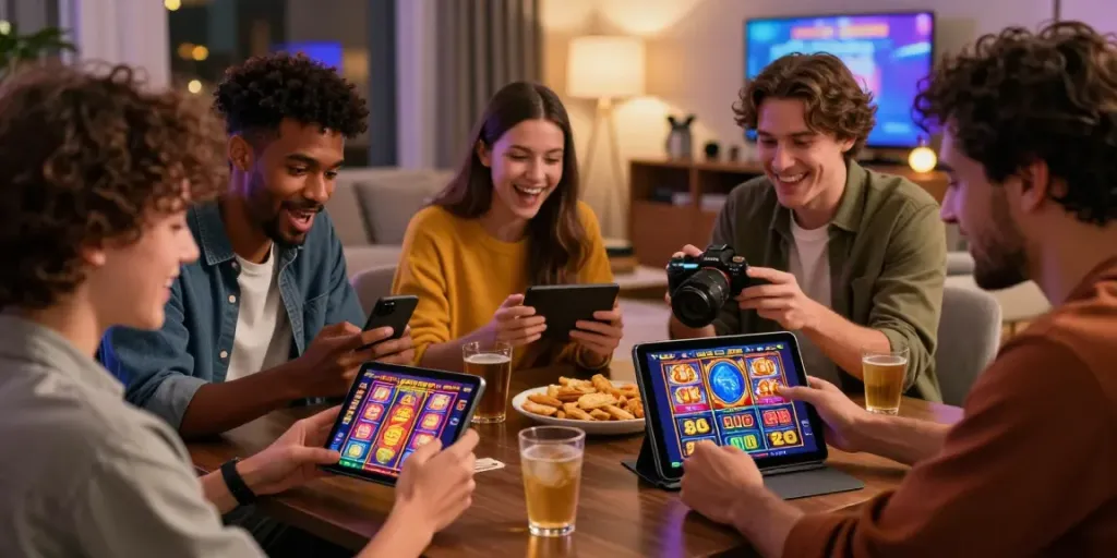Neue Casinos Österreich 2026: Freunde genießen aufregende mobile Spiele in gemütlicher Wohnzimmeratmosphäre.