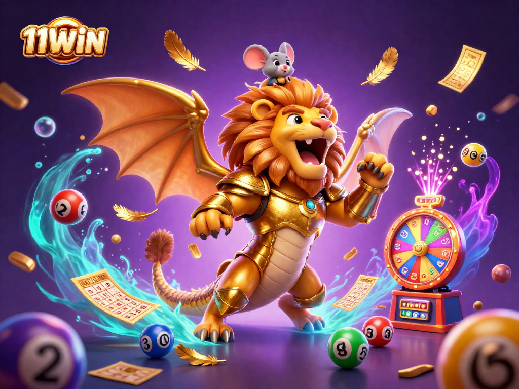 Experience thrilling bets with 11WIN in a vibrant 3D casino atmosphere featuring colorful lottery balls and a roaring chimera.