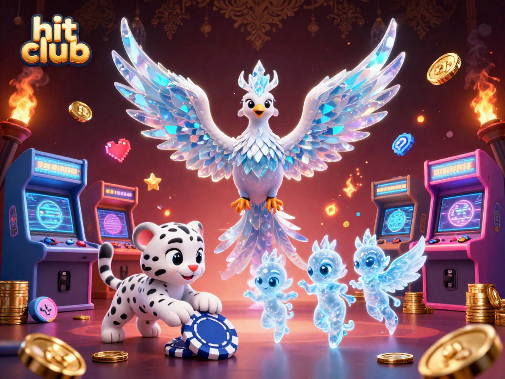 Engage in thrilling games at hit club while enjoying a lively 3D cartoon scene featuring an ice phoenix and vibrant gaming elements.