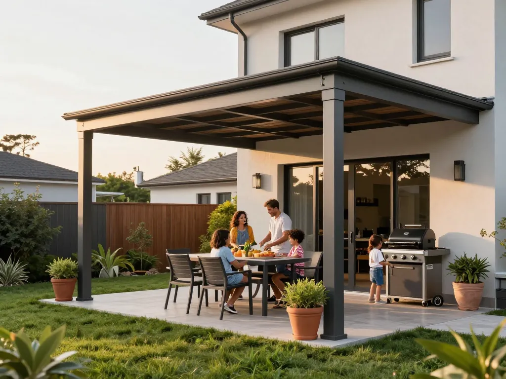 Familie genießt eine stilvolle Terrassenüberdachung in einem modernen Garten mit Grünanlagen.