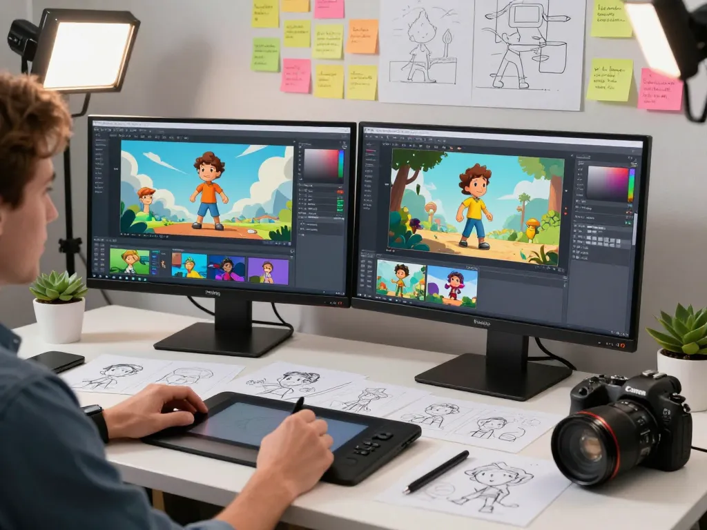 Kling 2.6 motion control used by a professional in a modern animation studio, showcasing dynamic character animation and creative tools.