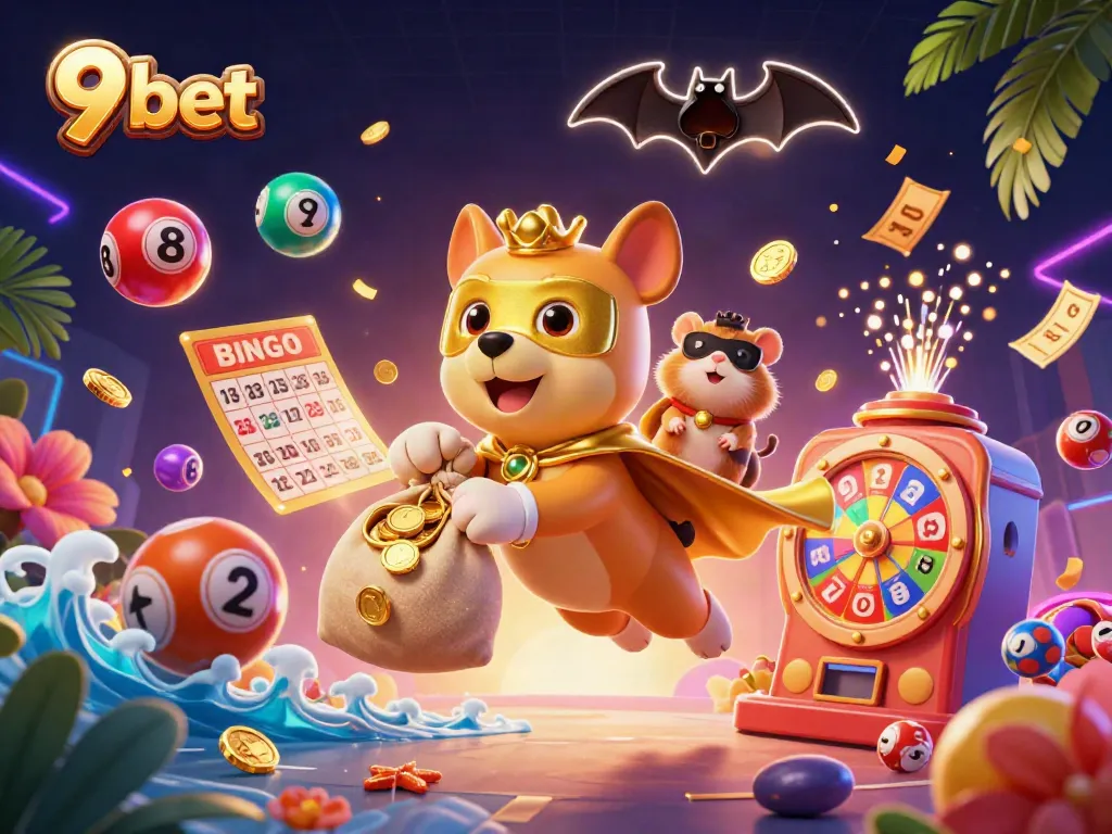 Join the excitement of 9 bet with a dynamic scene of gambling adventures featuring a superhero dog and hamster.