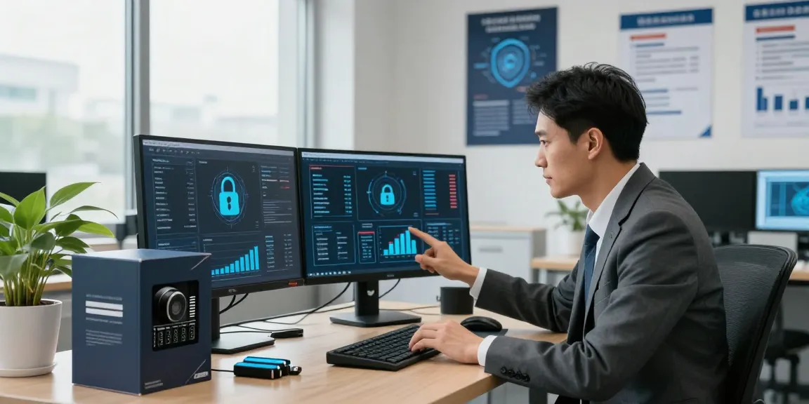Daten- und IT-Sicherheitsdienstleistung in modernem Büro, IT-Spezialist analysiert Sicherheitsberichte.