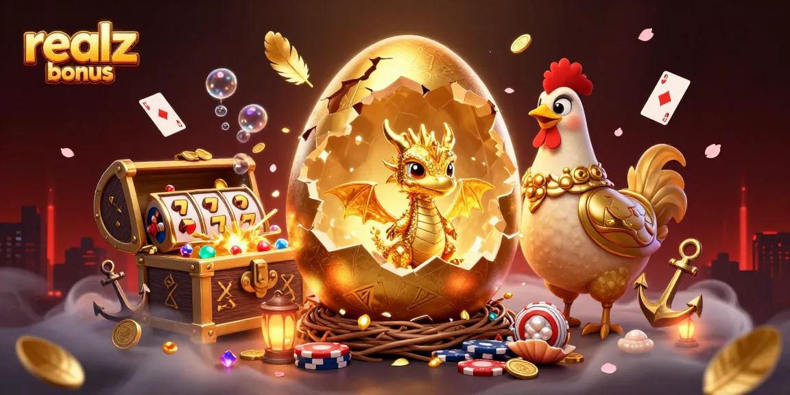 Realz Casino Bonus mit goldener Drachenillustration und Spielautomaten im Hintergrund.