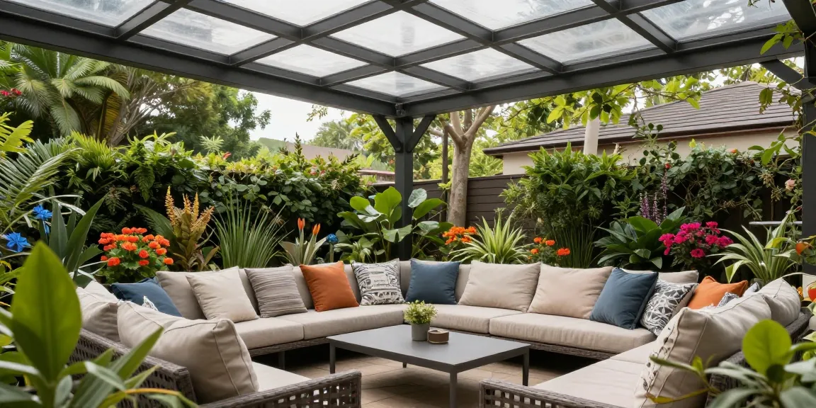 Moderne Terrassenüberdachungen auf einer einladenden Terrasse mit gemütlicher Sitzgelegenheit und begrünten Pflanzen.
