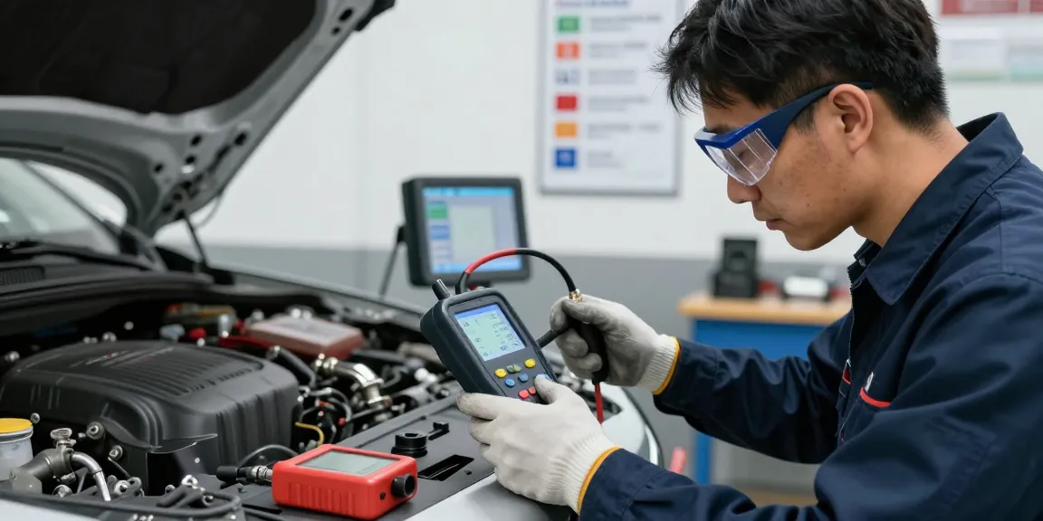 Techniker, der einen Abgasanalysator in einer modernen Werkstatt untersucht, um Emissionen korrekt zu messen.