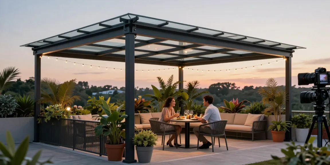 Moderne Terrassenüberdachung aus Aluminium mit Glasfenstern während eines Abendessens.