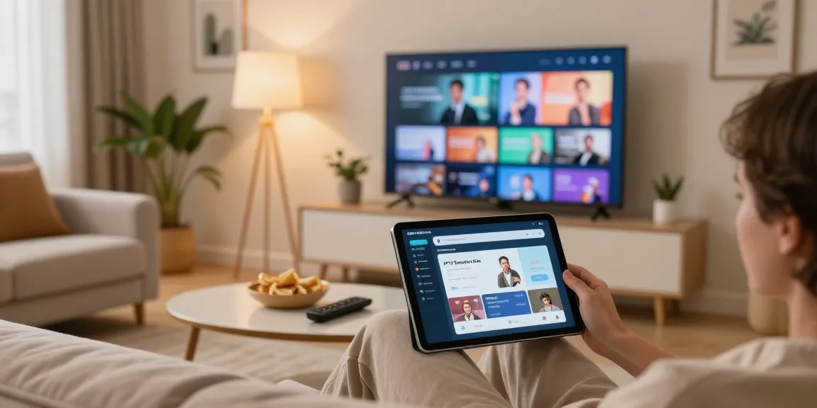 Person nutzt IPTV Smarters Pro auf Tablet in gemütlichem Wohnzimmer mit Snacks und TV.