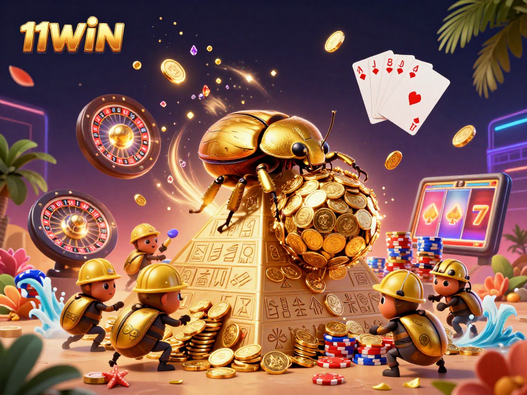 Engage with the excitement of 11WIN as golden coins cascade around thrilling casino elements.