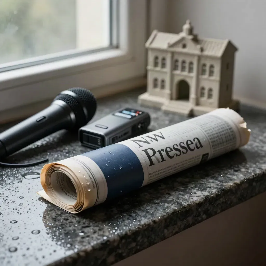 Nasses Pressebündel, Mikrofon, Diktiergerät und Rathausmodell im Morgenlicht.