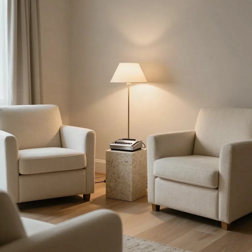Zwei leere Sessel, Rekorder und Stehlampe in einem ruhigen Interviewraum.