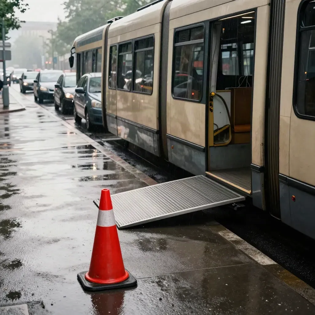 Warnkegel, offene Laderampe und wartende Straßenbahn an nasser Kreuzung nach kurzem Schauer.