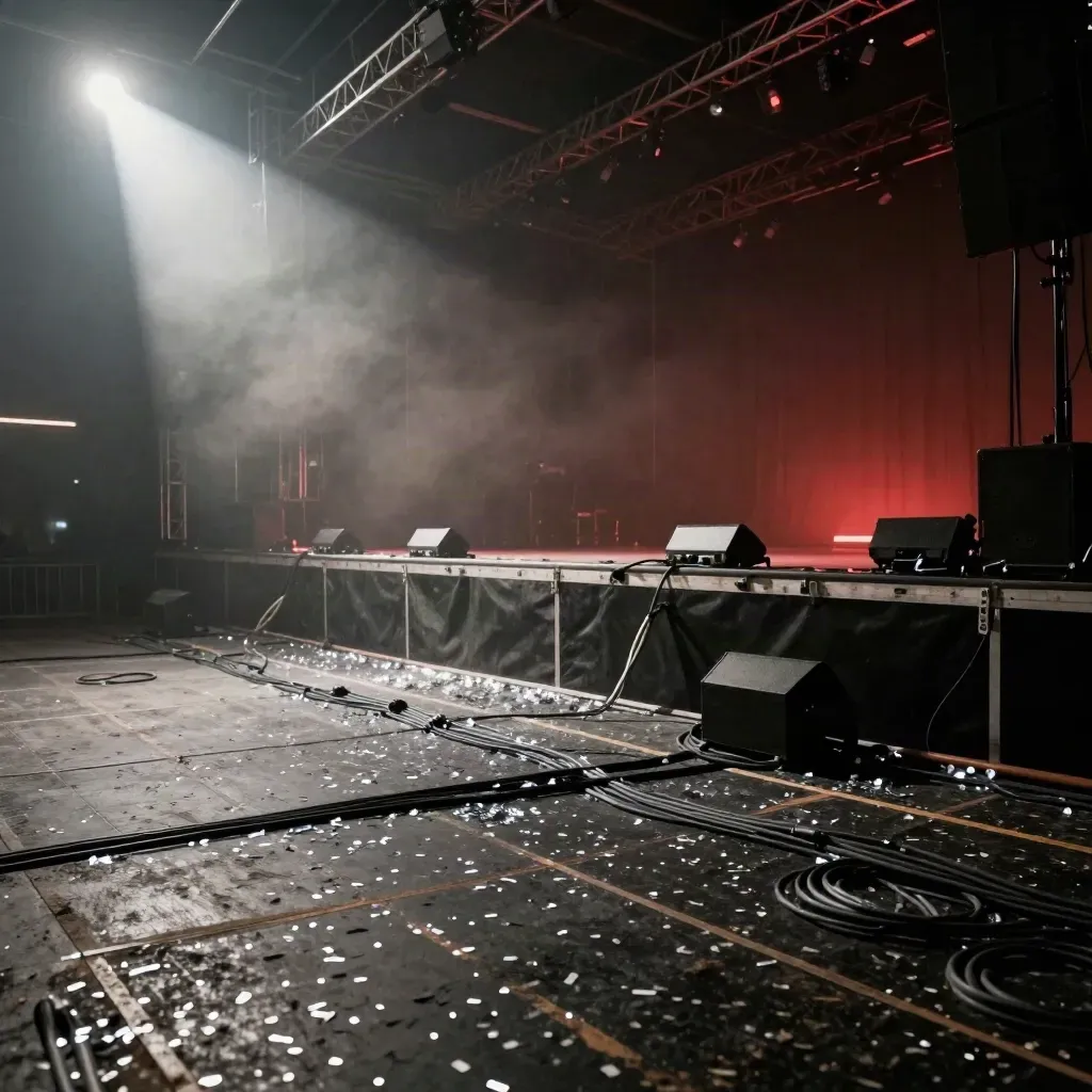 Leere Festivalbühne mit Konfetti, Kabeln und verblassenden Lichtleisten im Rauch