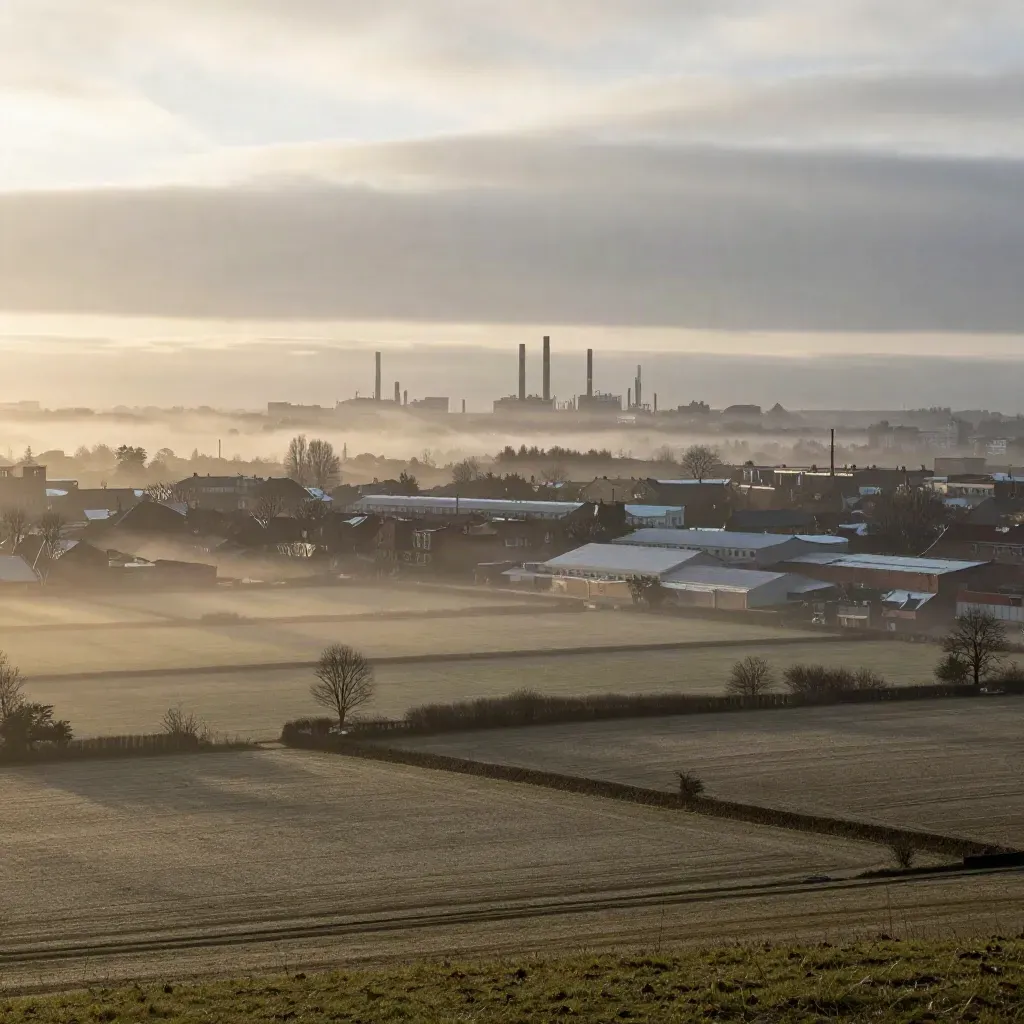 Morgendliche NRW-Landschaft mit Feldern, Stadtkante und fernem Industrieband im Nebel.