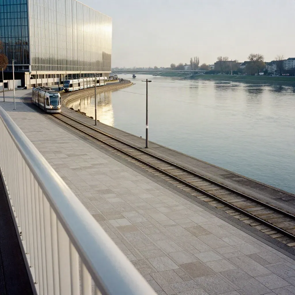 Düsseldorfer Rheinuferpromenade mit Glasfassaden, Tramlinie und ruhigem Wasser im Abendlicht