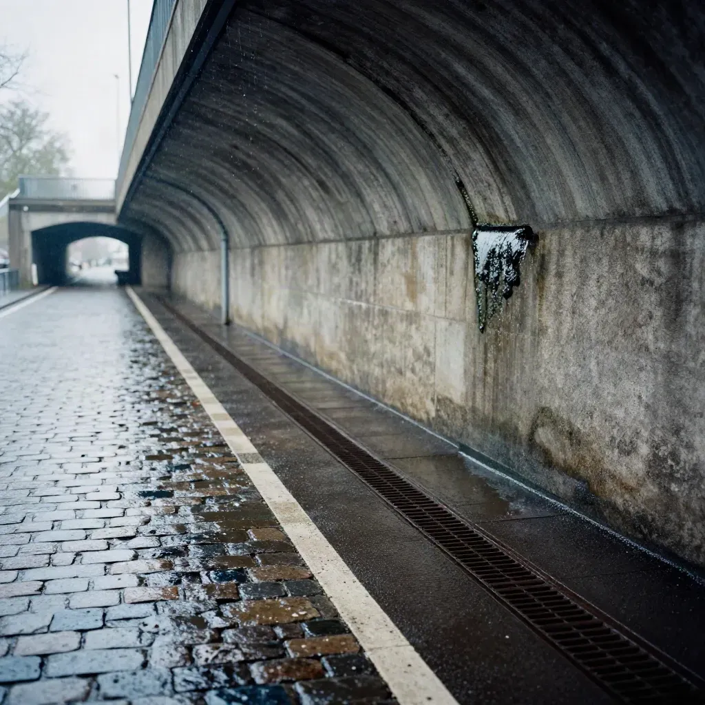 Regennasse Kölner Unterführung mit Fahrradspur, Brückenbogen und abziehendem Schauer