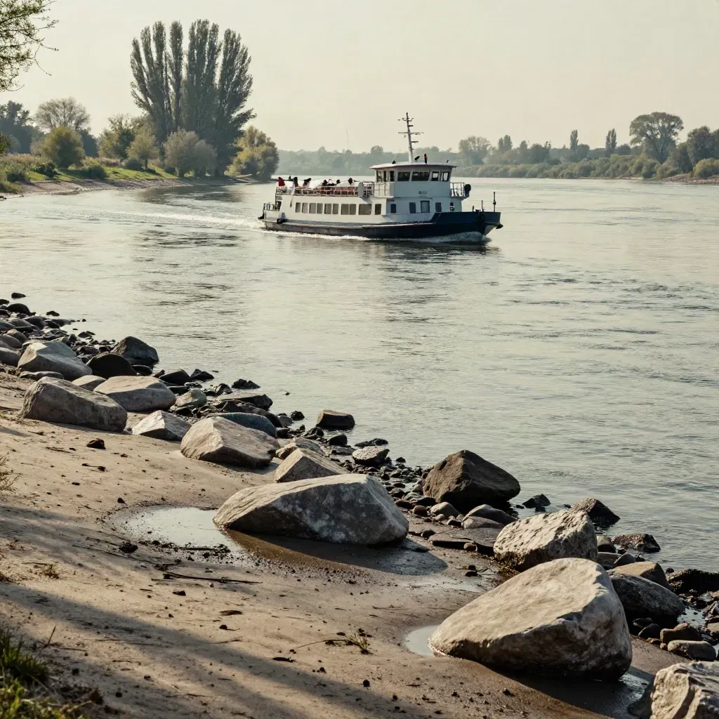 Bonn am Rhein mit Fähre, Ufersteinen und Pappeln im warmen Gegenlicht