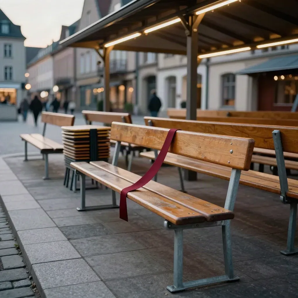 Leere Festbänke und Pavillonlichter auf einem Münsteraner Platz bei Abenddämmerung.