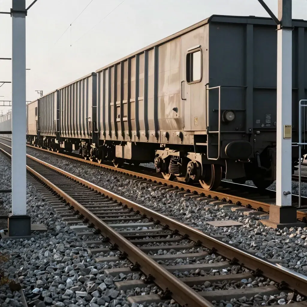 Güterzug fährt an einem Industrieareal in der Morgendämmerung vorbei.
