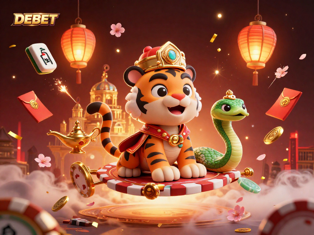 Engage with the vibrant DEBET casino theme featuring a sultan, genie, and dynamic gambling elements.