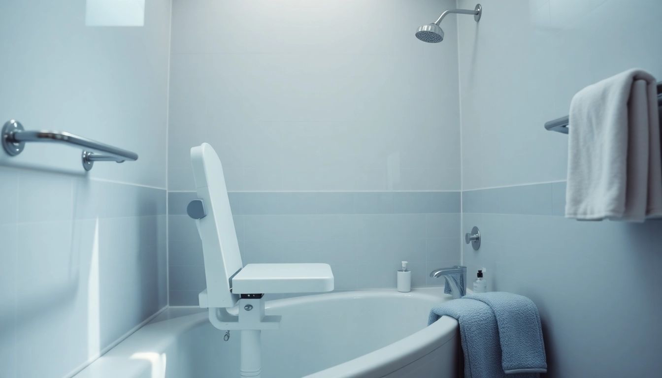 Badehilfe für Senioren mit einem ergonomischen Badelift in einer ruhigen Badezimmerumgebung für mehr Sicherheit und Komfort.