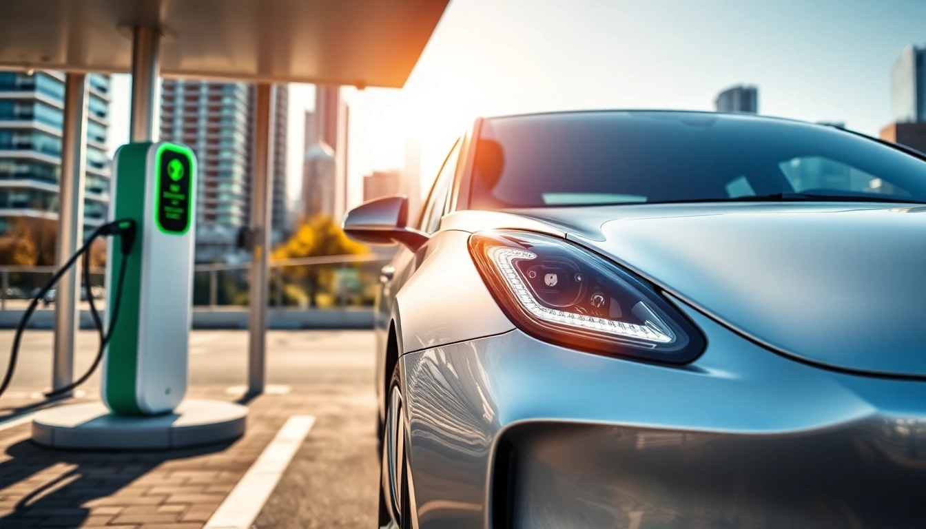Elektroautos an einer Ladestation in einer urbanen Umgebung, die moderne Elektromobilität präsentiert.