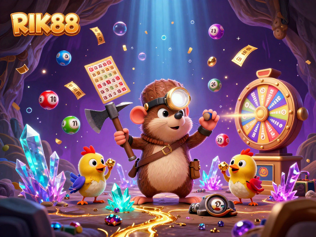 Engage with RIK88 through a dynamic treasure hunting scene featuring rich colorful casino elements.