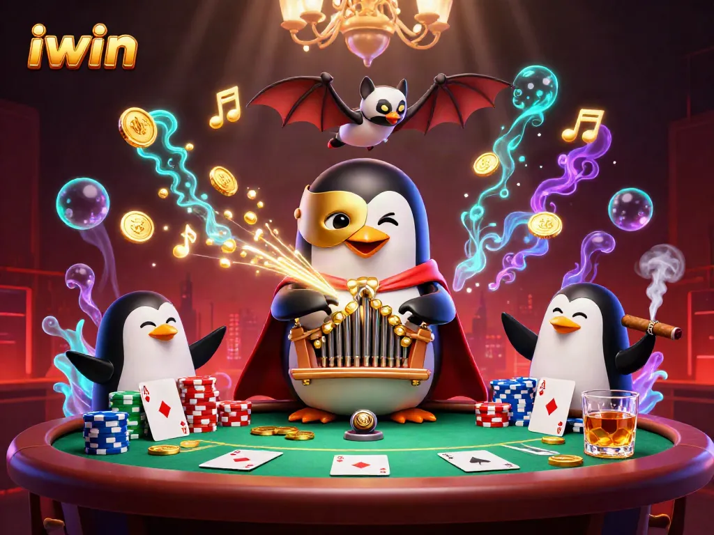 iwin showcases an exciting casino scene with a phantom penguin playing an organ amidst poker chips and cards.