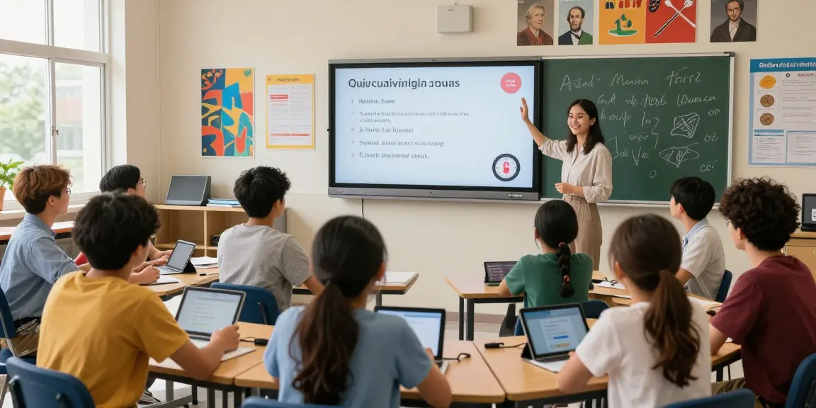 Interactive Quiz Allgemeinwissen session in an engaging classroom setting with excited students and a motivating teacher.