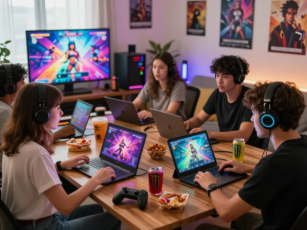 Engaged gamers playing html sex games on devices in a lively setup.