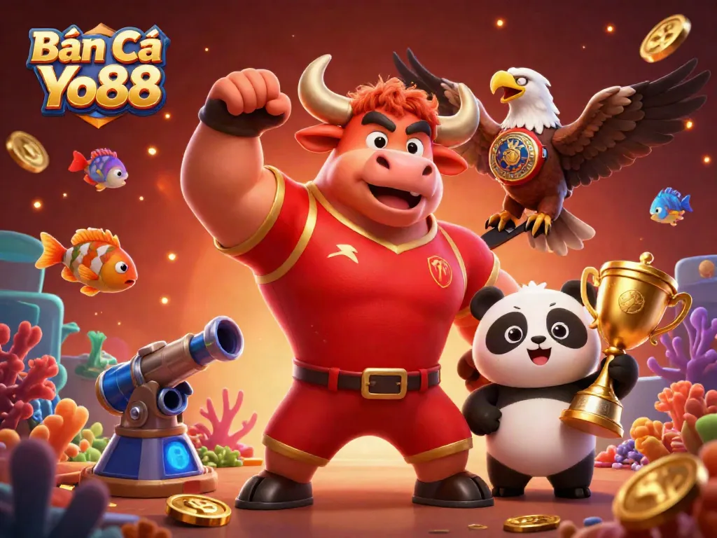 Bắn Cá Yo88 showcases a dynamic scene with colorful fish, a joyful panda, and a muscular bull celebrating victories in an underwater adventure.