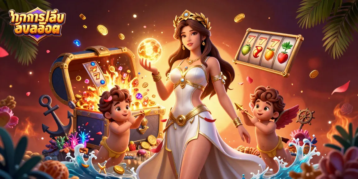 Engage in ทดลองเล่นสล็อต with a goddess and cherubs surrounded by vibrant slots and golden treasures.