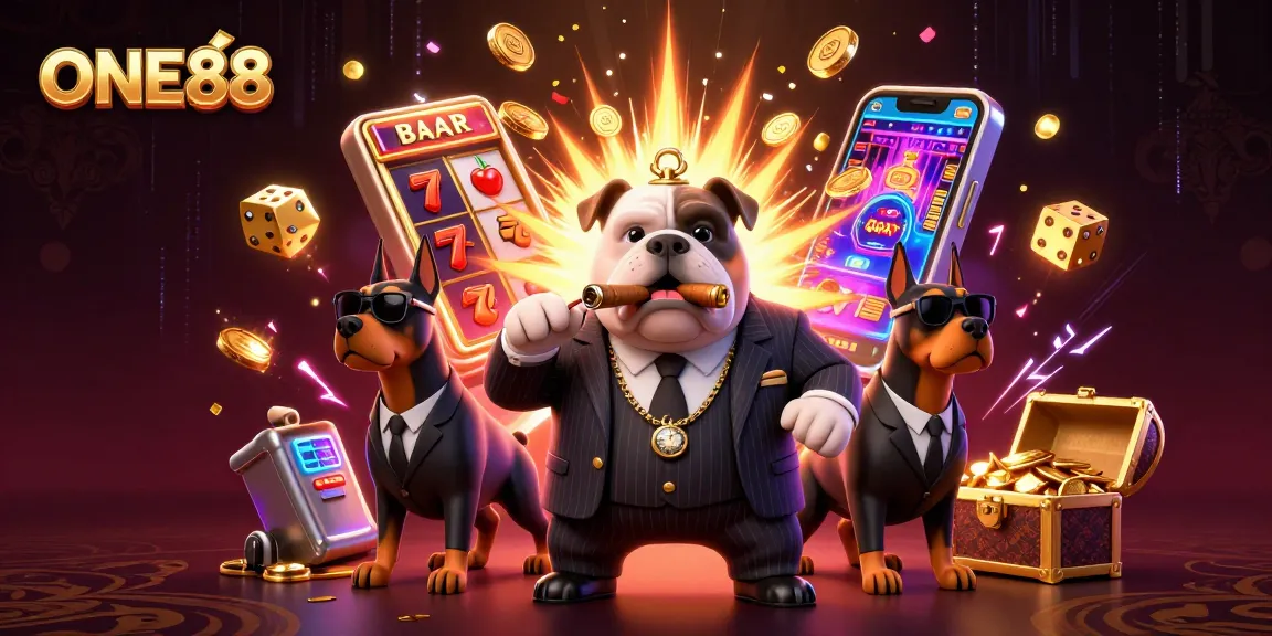 ONE88 showcases a vibrant casino scene with a bulldog boss and rich game elements bursting with excitement.
