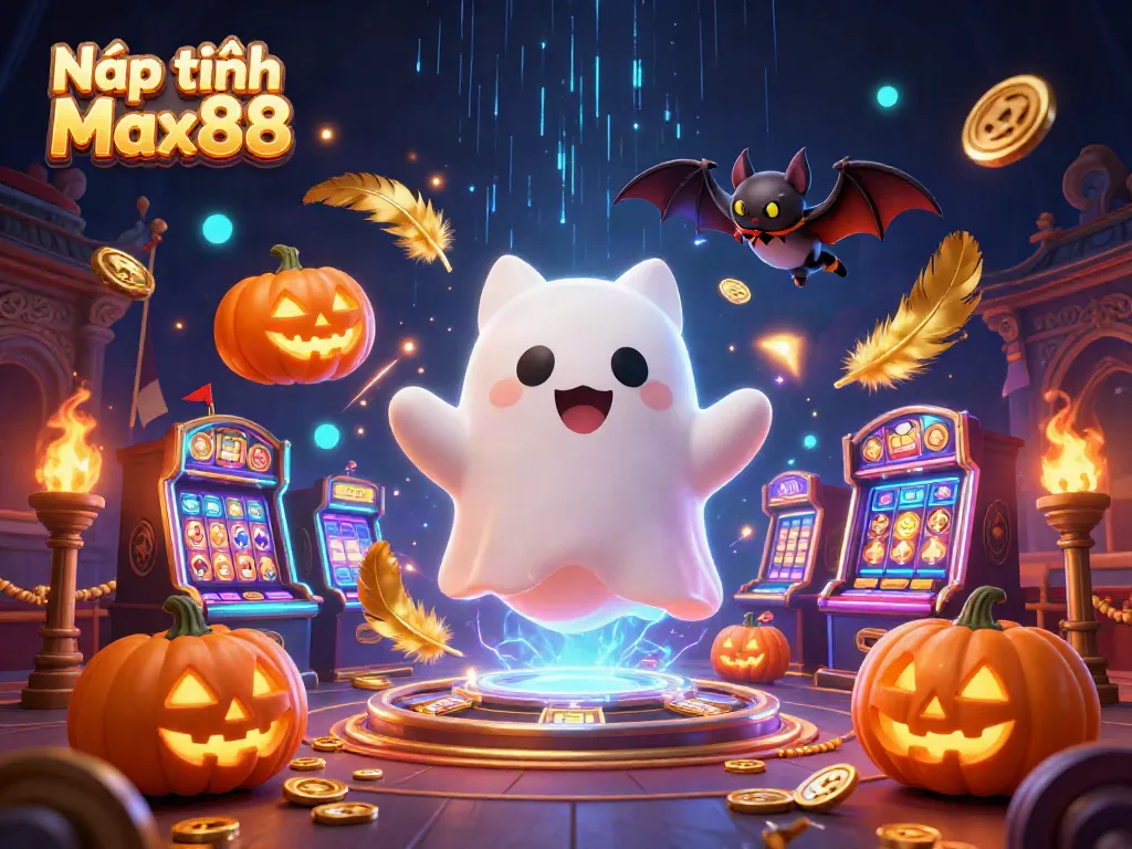 Nạp tiền Max88 showcases a friendly ghost cat and vampire bat in a vibrant casino scene filled with golden tokens and energetic elements.