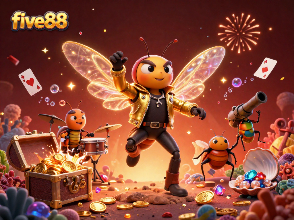 Experience the excitement of five88 with a vibrant rock star scene surrounded by dynamic gaming elements.