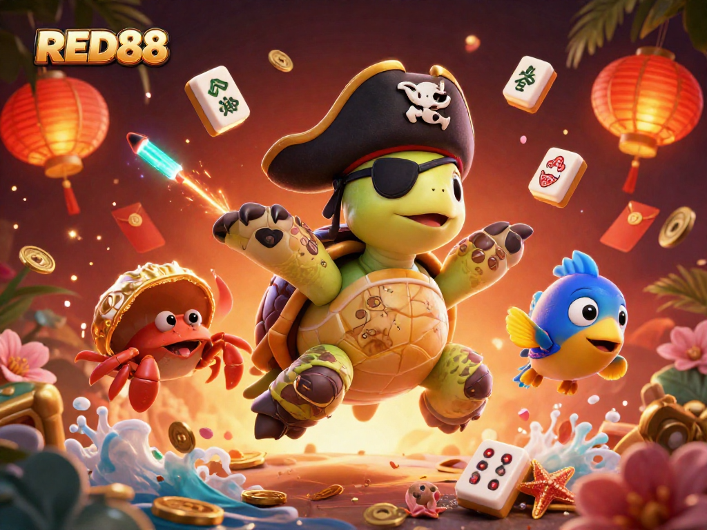 Engage in winning strategies at RED88 with a cartoon pirate turtle and friends amidst a treasure scene.