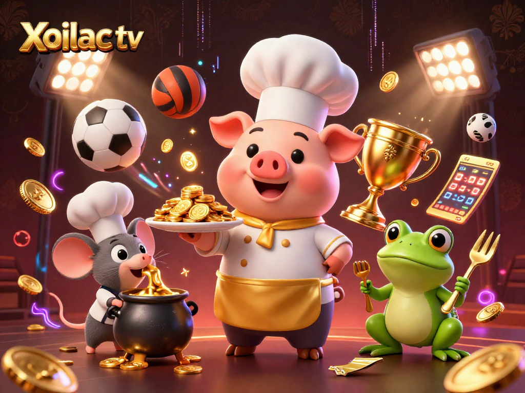 Xoilac tv showcases an animated scene with a chef pig serving gold coins, blending sports and betting themes.