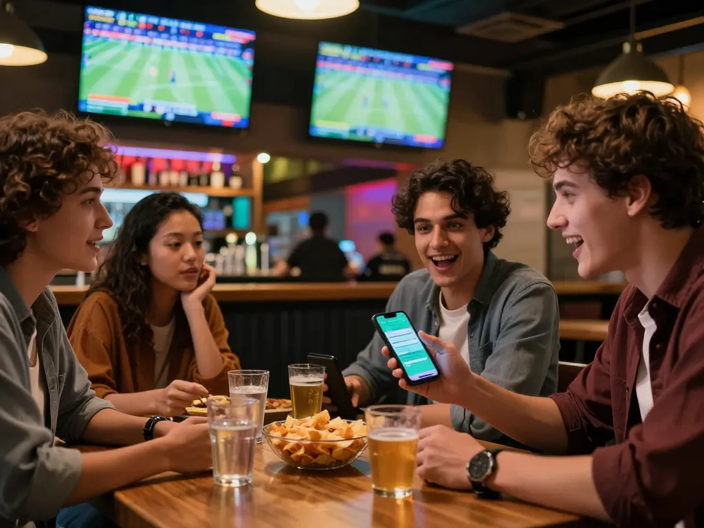 Friends engaging in exciting sports betting activities while checking tin soi kèo on their smartphones.
