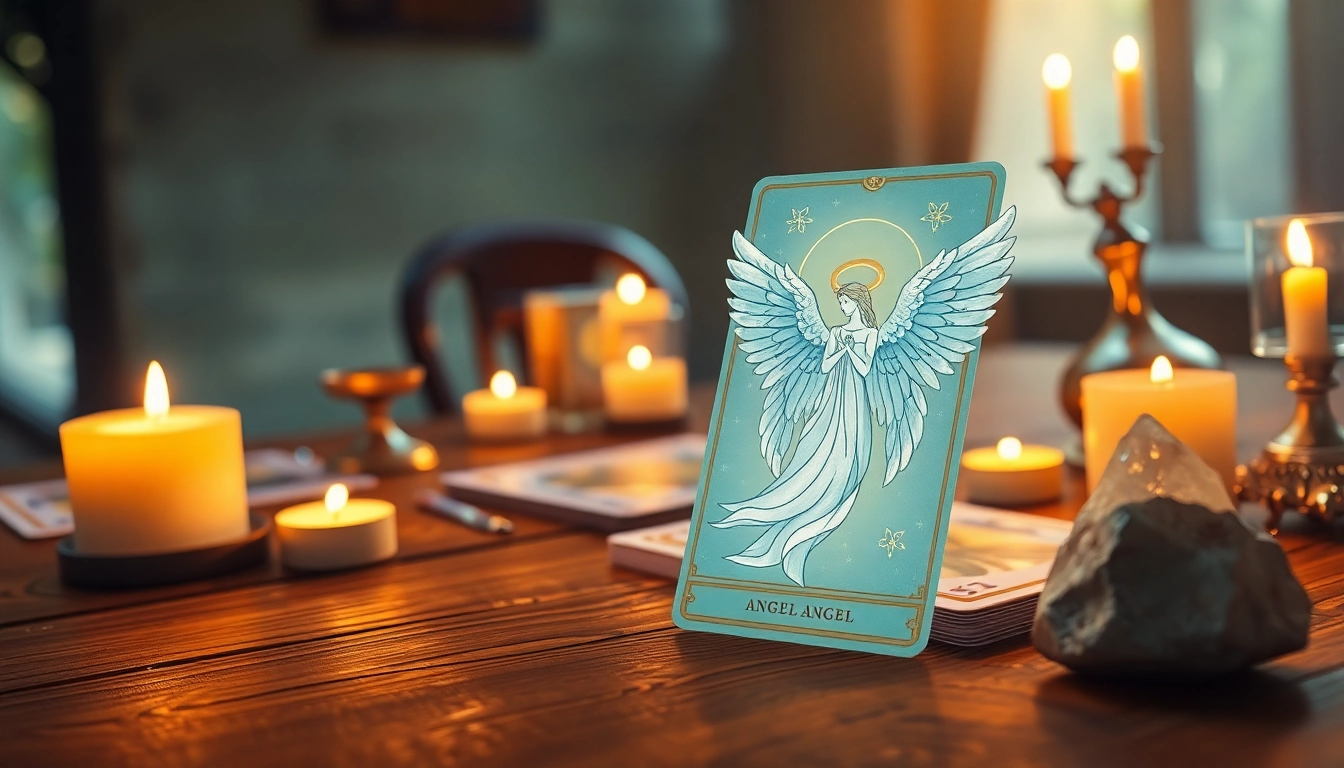 Engel Tarot Karte kostenlos ziehen in einer mystischen Lesesitzung mit Kerzenlicht.