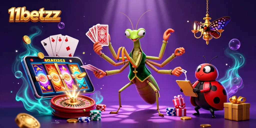 Experience 11betzz with a vibrant casino scene featuring animated characters engaging in fun gambling activities.