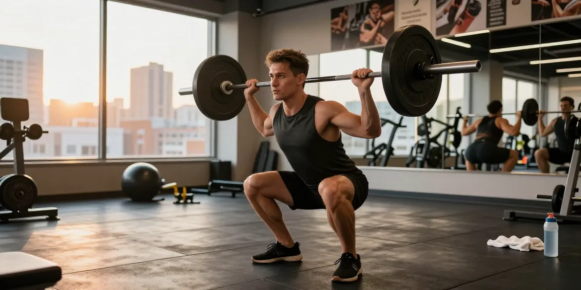 Anabolika Shop showcasing a fitness enthusiast performing barbell squats in a modern gym, emphasizing strength training and bodybuilding.