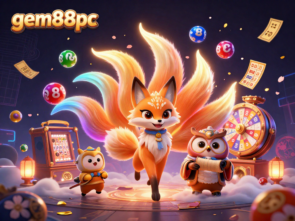 Experience excitement at gem88pc with vibrant 3D casino illustration featuring lottery elements and magical characters.