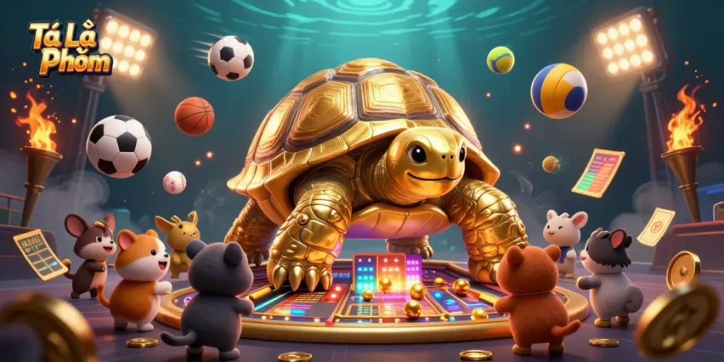 Play exciting Tá Lả Phỏm with a dynamic scene featuring a golden tortoise pinball machine and sports elements.